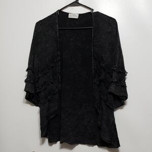 C‎ Christian Gothic Los Angeles Acid-Wash Open Front Black Ruffled Cardigan